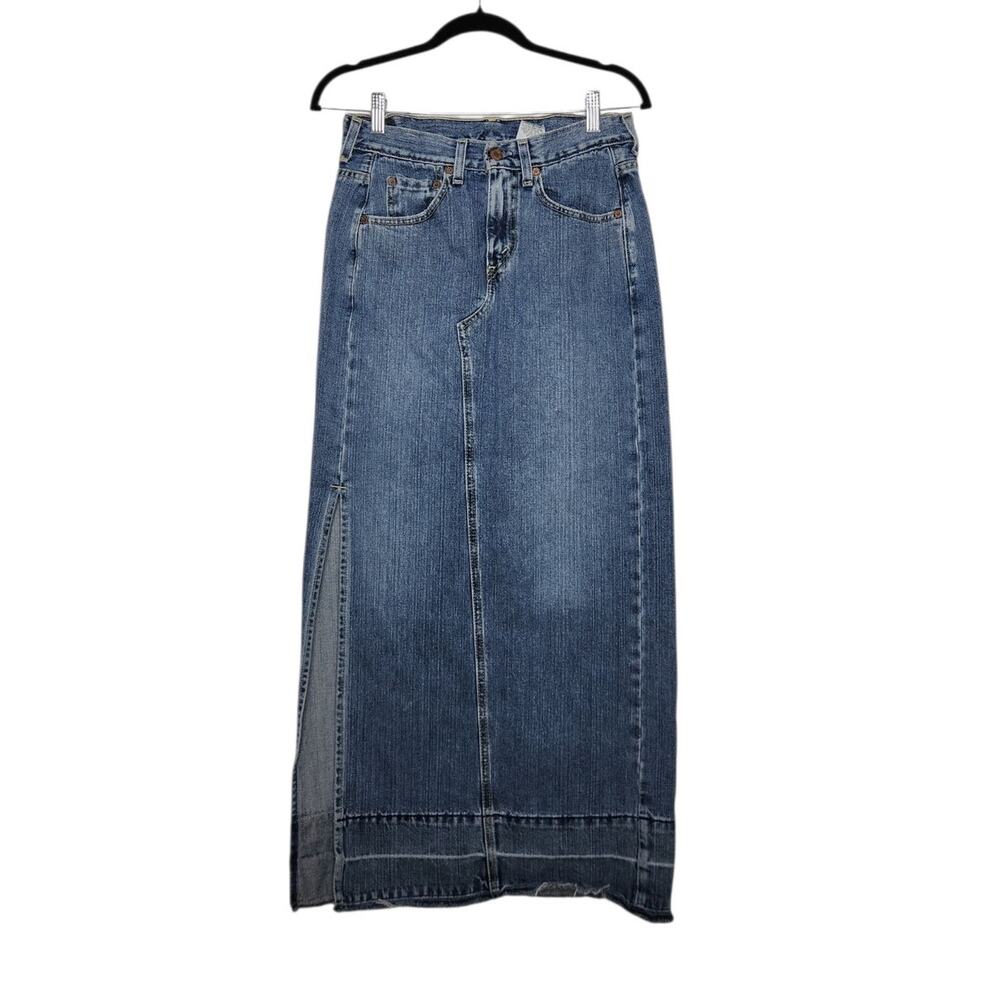 Vintage Levi's Denim Maxi Skirt Fringe Slit Button Pockets Boho Western Country
